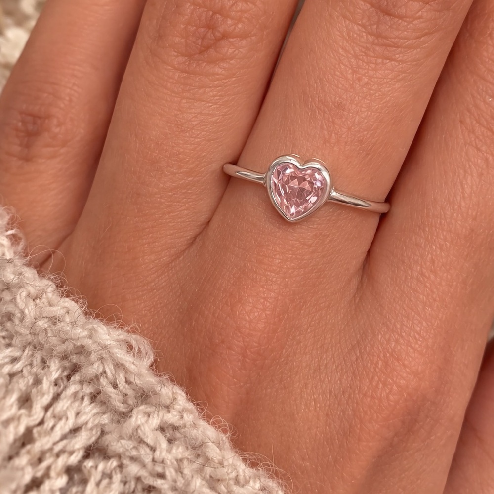 Heart Pink zircon Ring 925 Sterling Silver thin band dainty promise ring.